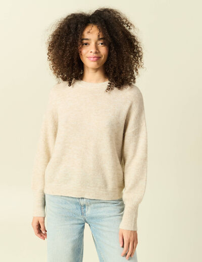 Pull col rond manches longues beige femme