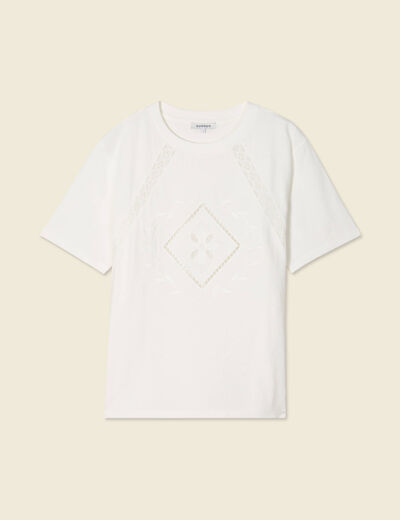 T-shirt manches courtes brodé ecru femme