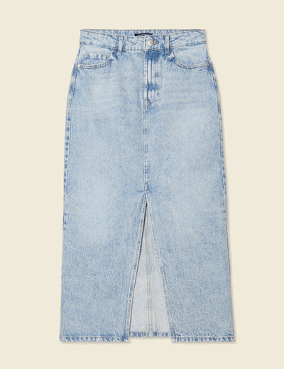 Jupe midi droite en jean denim bleach femme