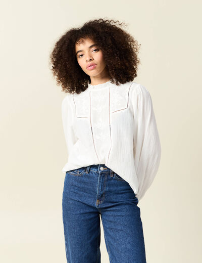 Chemise manches longues brod&eacute;e ecru femme