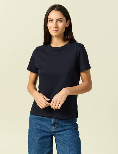 T-shirt cintr&eacute; col rond manches courtes bleu marine femme