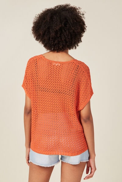 Pull ajouré éco-responsable orange foncé femme