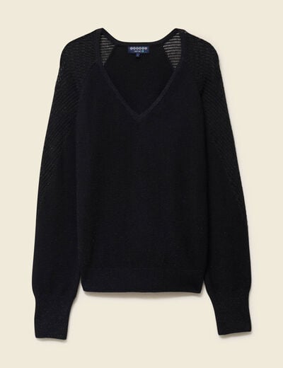 Pull ajour&eacute; col V manches longues noir femme