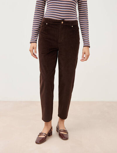 Pantalon barrel taille haute velours marron femme