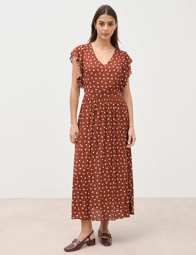 Robe longue &eacute;vas&eacute;e col v manches courtes marron cognac femme