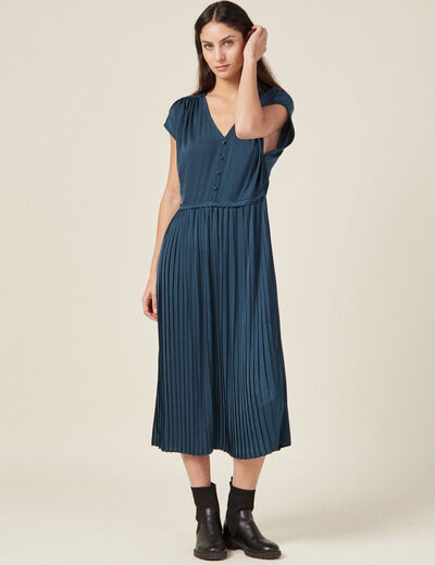 Robe midi évasée plissée satin bleu canard femme