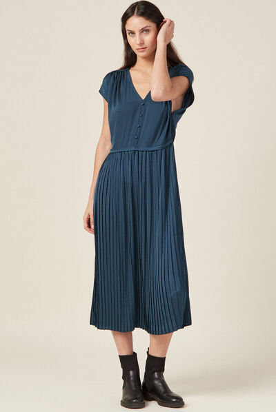 Robe midi évasée plissée satin bleu canard femme