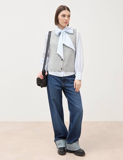 Pull droit court sans manches col rond gris femme