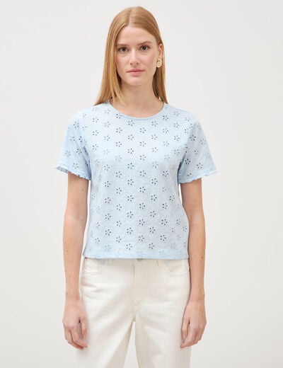 T-shirt droit col rond broderie coton bleu ciel femme