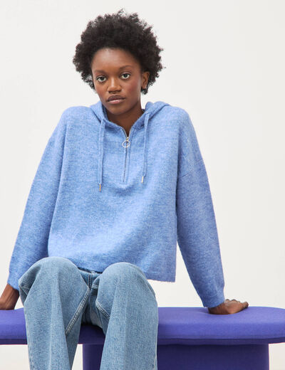 Pull &agrave; capuche zipp&eacute; bleu ciel femme