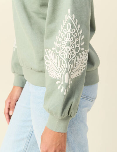 Sweat manches longues brodé vert kaki femme