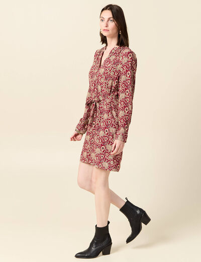 Robe droite fluide ceinturée bordeaux femme