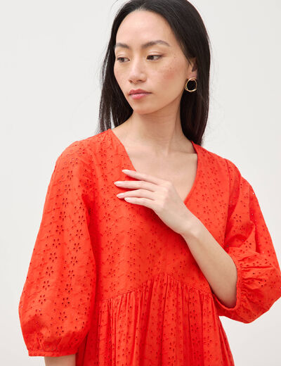 Robe droite courte col v manches 3/4 orange fonc&eacute; femme