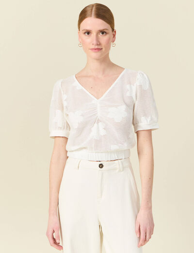 T-shirt manches courtes ajouré creme femme
