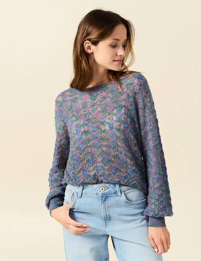 Pull manches longues ajouré bleu gris femme