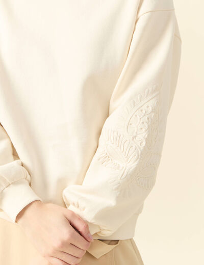 Sweat manches longues brodé ecru femme
