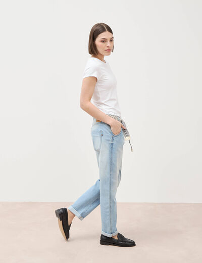 Jeans boyfriend ceintur&eacute; denim bleach femme