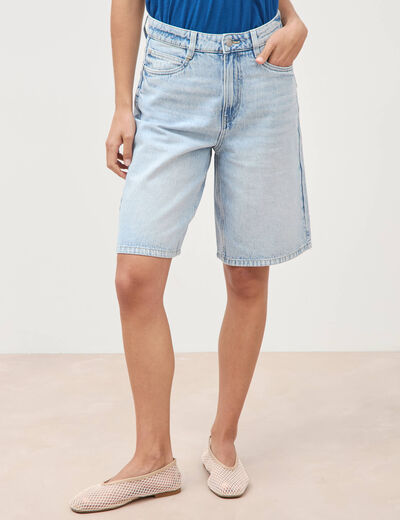 Bermuda large taille haute en coton denim bleach femme
