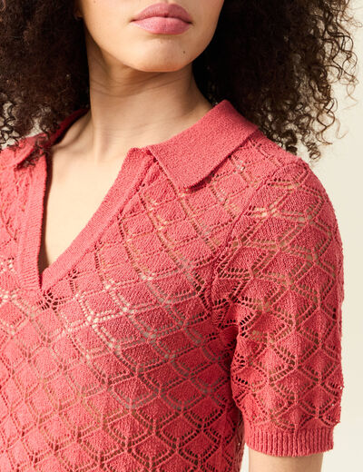 Pull manches courtes ajouré rouge femme