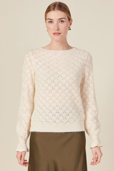 Pull manches longues ajouré ecru femme