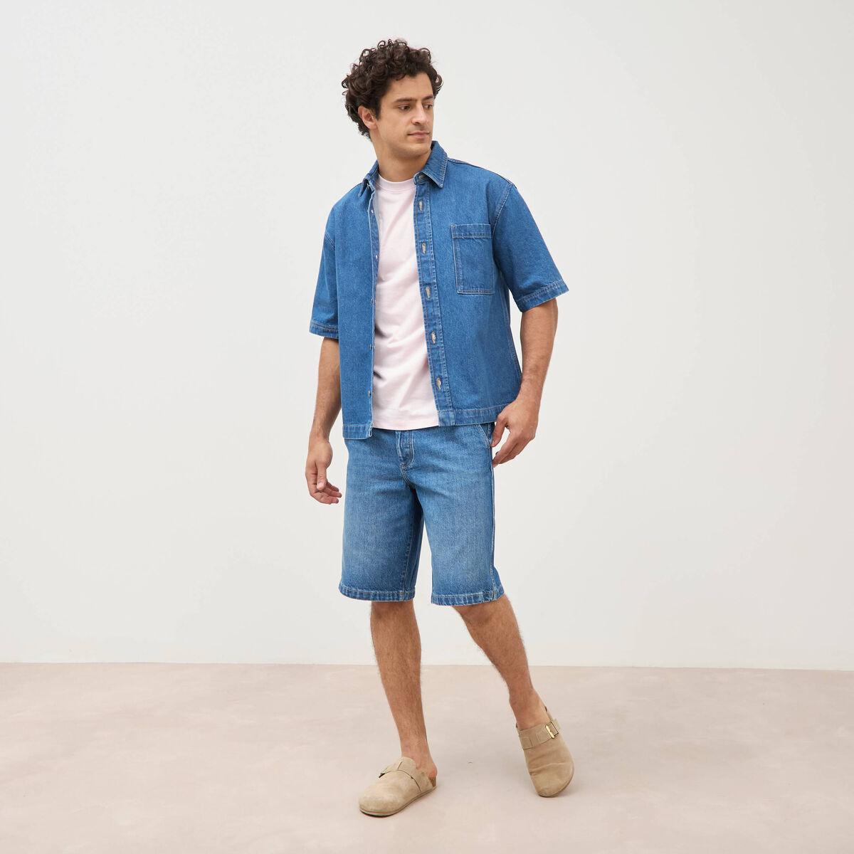 Chemise col am&eacute;ricain manches courtes denim stone homme