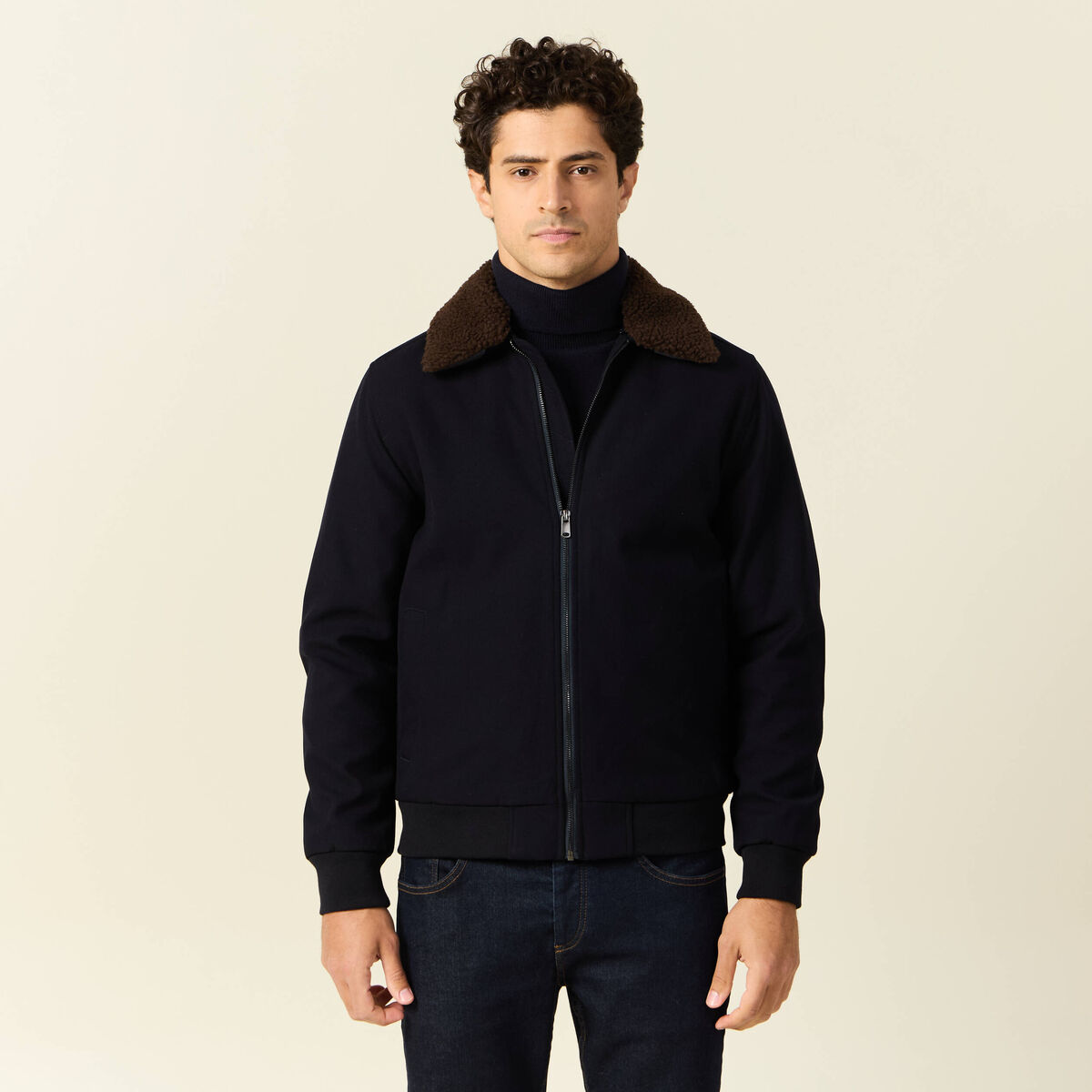 Blouson col aviateur zipp&eacute; bleu marine homme