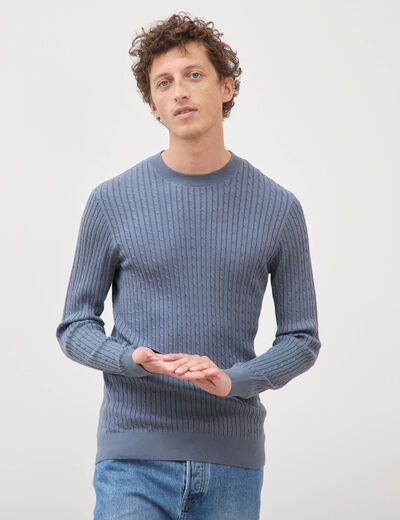 Pull col rond bleu gris homme
