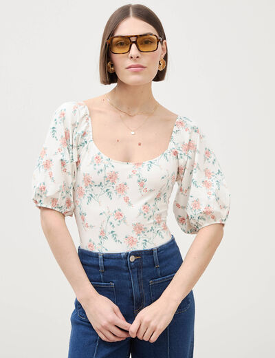 Body col bateau manches bouffantes blanc femme
