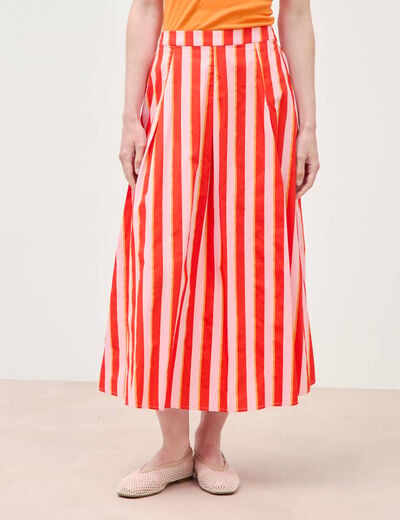 Jupe longue &eacute;vas&eacute;e en coton ray&eacute; orange corail femme