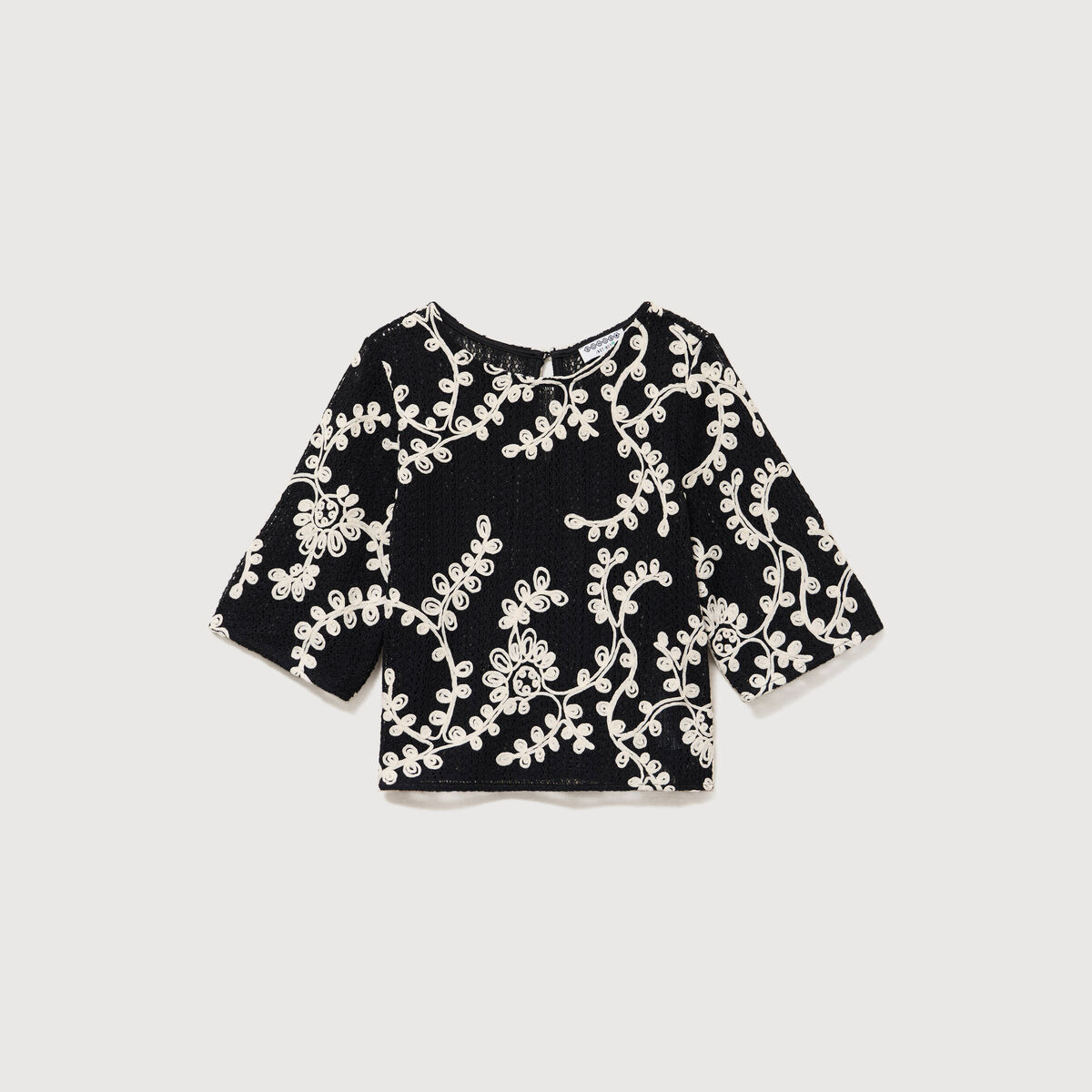 T-shirt brod&eacute; col rond manches 3/4 noir femme
