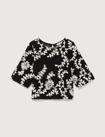 T-shirt brod&eacute; col rond manches 3/4 noir femme