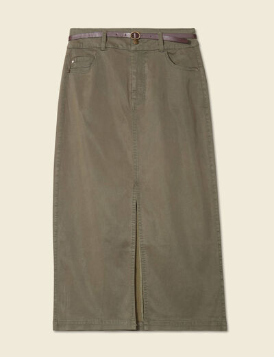 Jupe midi crayon ceinturée vert kaki femme