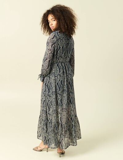 Robe longue &eacute;vas&eacute;e col v manches longues bleu marine femme