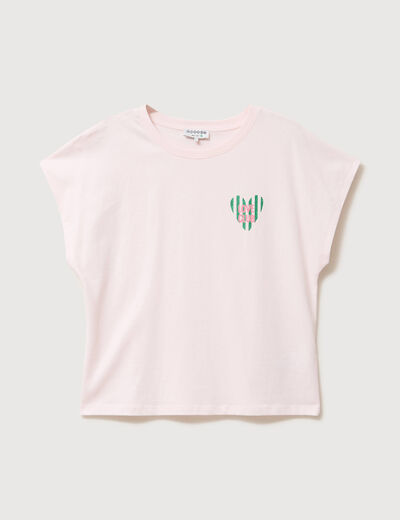T-shirt droit col rond manches courtes rose poudr&eacute;e femme