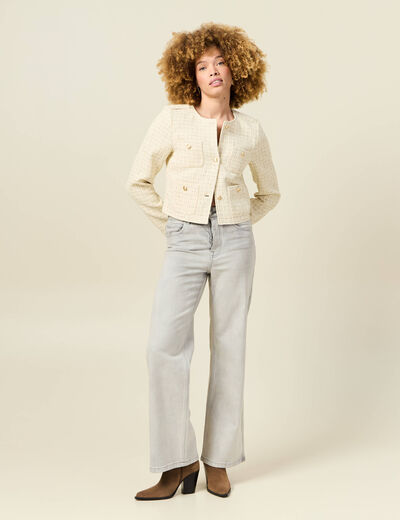 Veste tweed courte jaune pastel femme