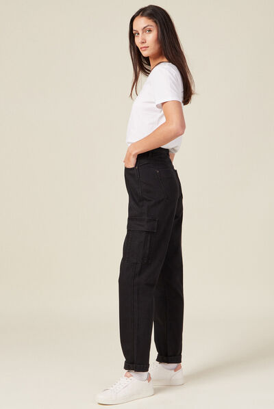 Jeans cargo taille haute denim noir femme