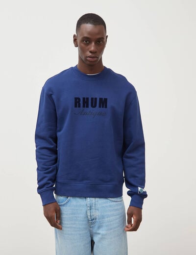 Sweat droit col rond brod&eacute; en coton bleu fonc&eacute; homme