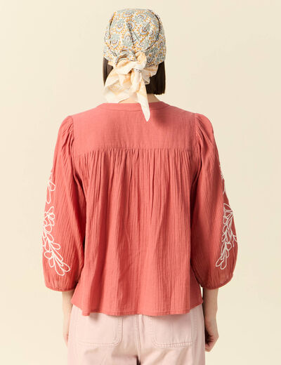 Chemise manches 3/4 brodée rose framboise femme
