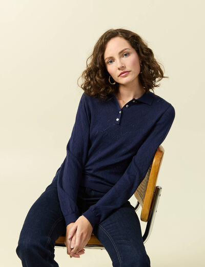 Pull ajour&eacute; manches longues en coton bleu marine femme