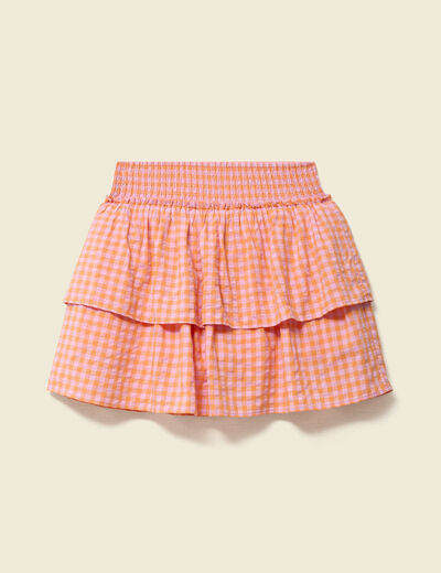 Jupe fluide &agrave; carreaux doubl&eacute;e orange abricot femme