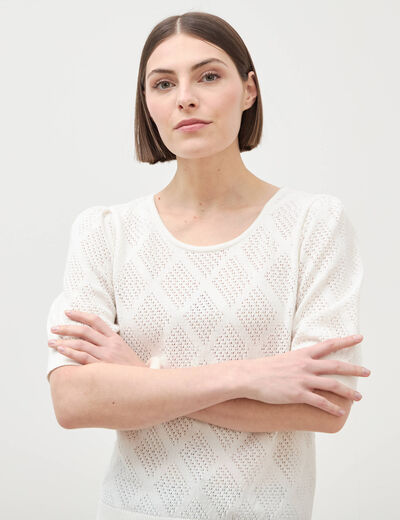 Pull ajour&eacute; droit court manches courtes ecru femme