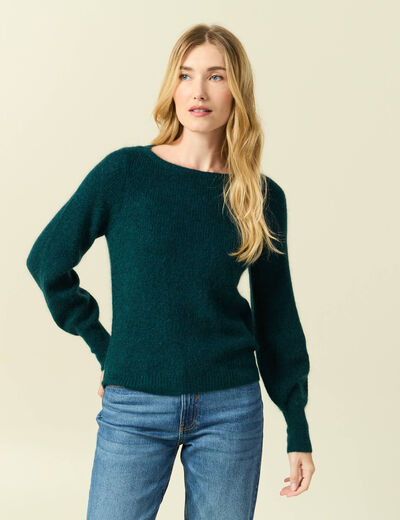 Pull col bateau manches longues vert fonc&eacute; femme