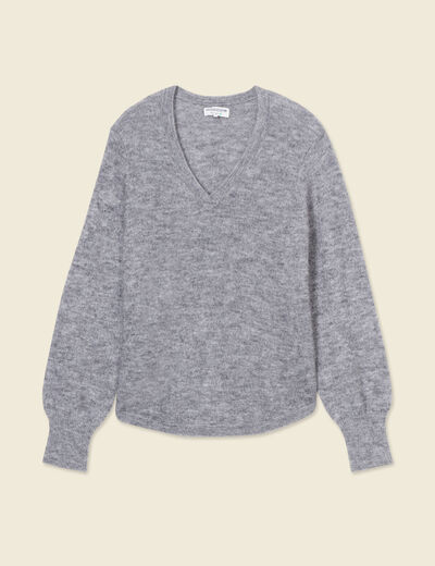 Pull manches longues col en V gris clair femme