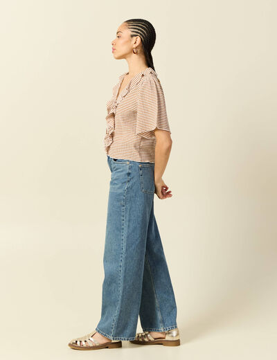 T-shirt col V &agrave; volants manches courtes marron clair femme