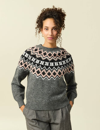 Pull col rond manches longues gris clair femme