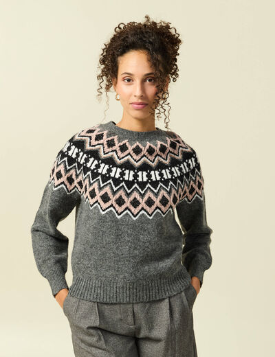 Pull col rond manches longues gris clair femme