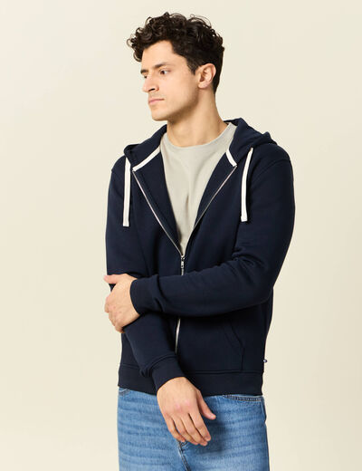 Sweat &agrave; capuche manches longues bleu marine homme