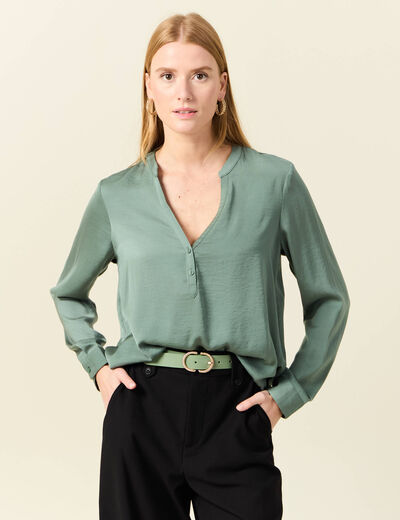 Blouse manches longues satin vert kaki femme