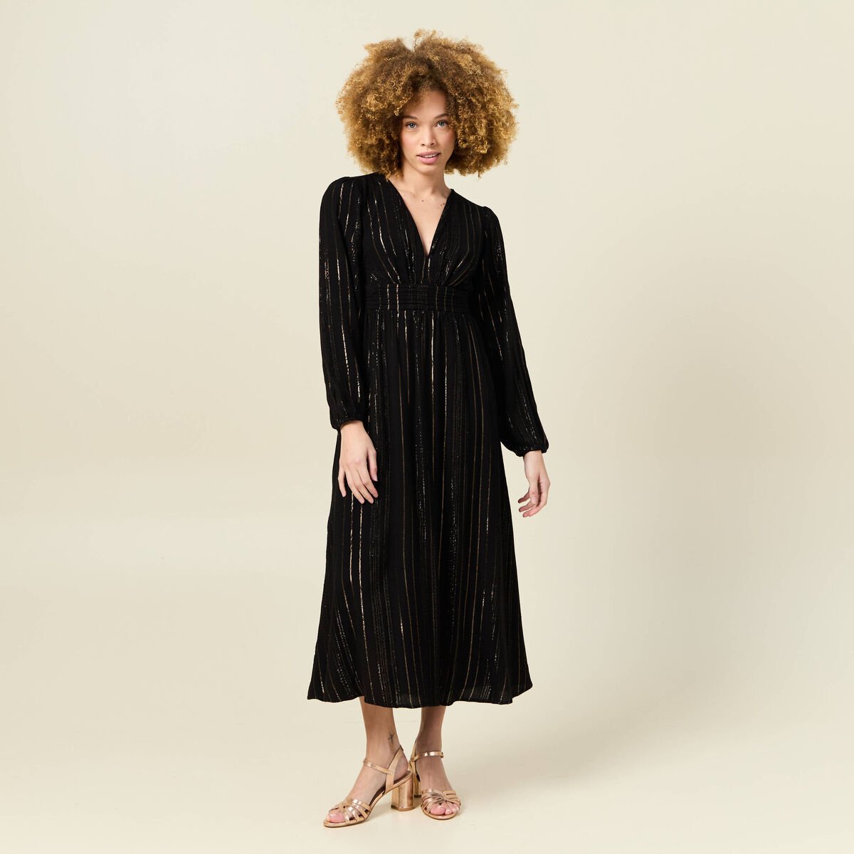 Robe longue évasée fluide noir femme