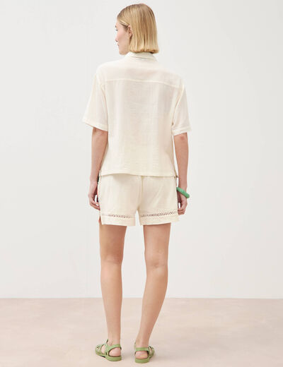 Chemise ample brod&eacute;e manches courtes blanc femme